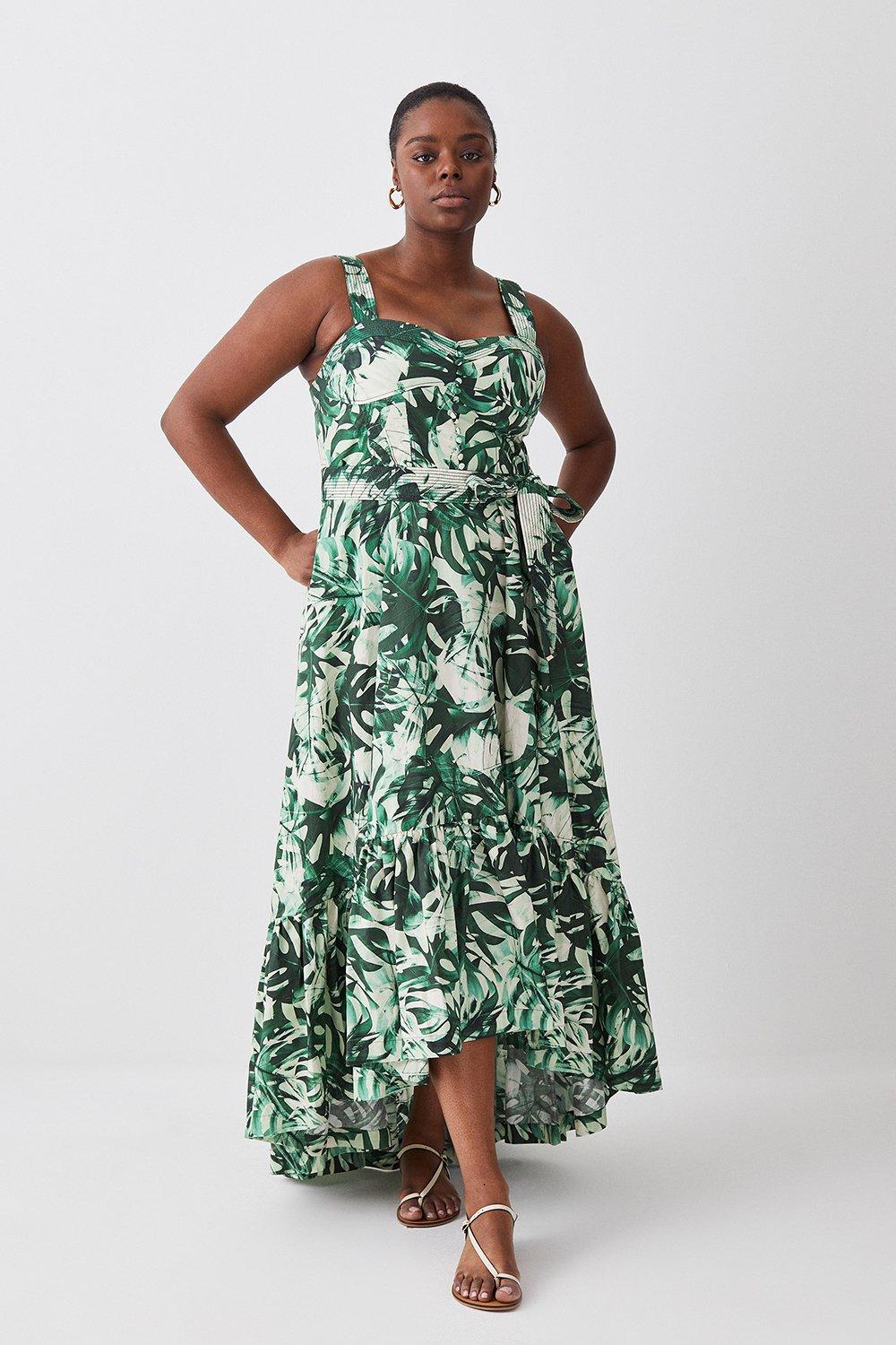 Plus Size Tropical Belted Strappy Cotton Woven Maxi Dress