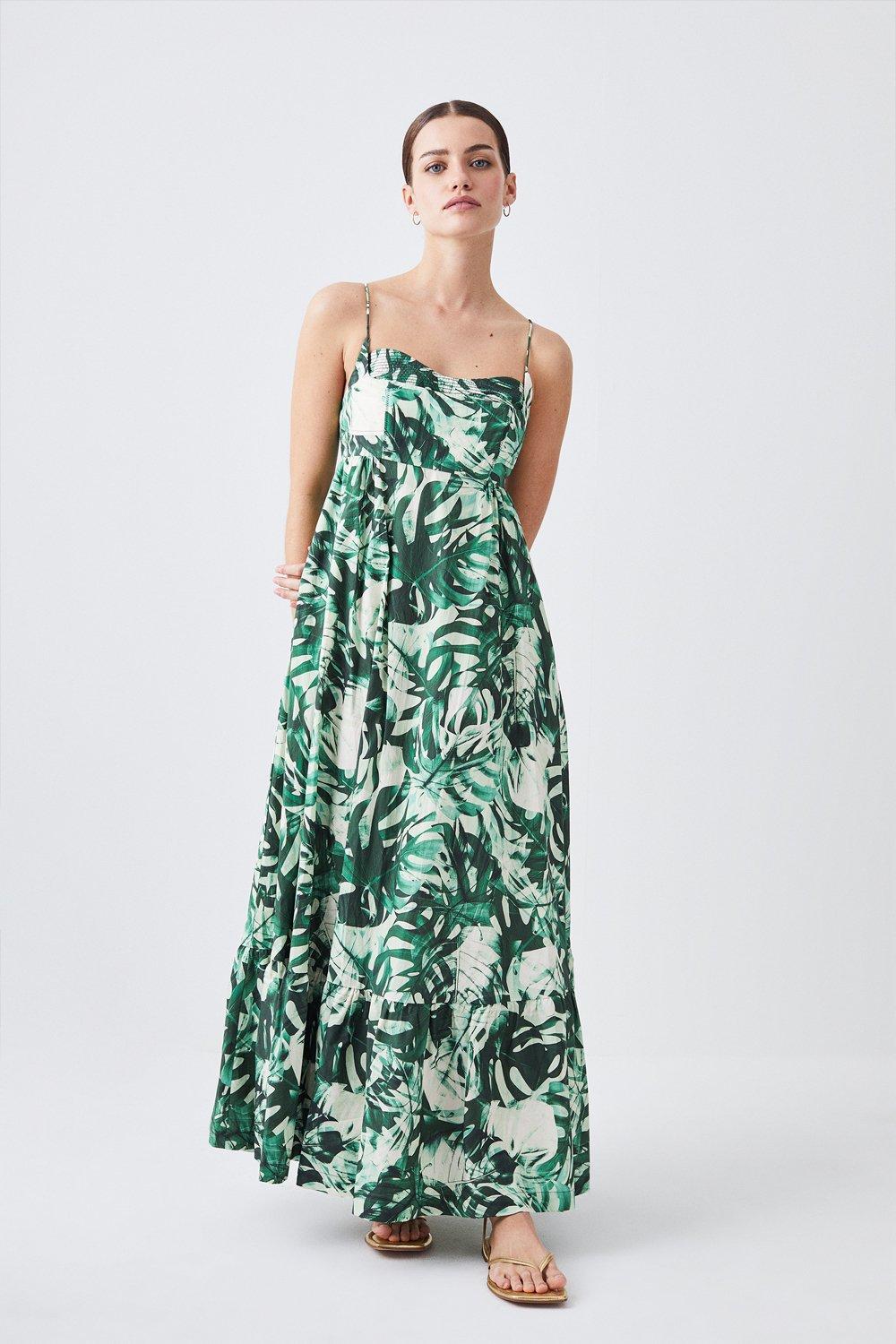 Petite Tropical Printed Strappy Cotton Woven Maxi Dress