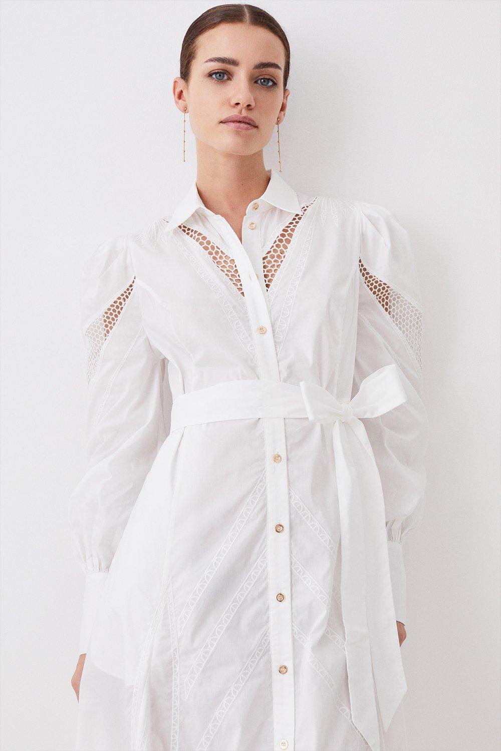 petite cotton cutwork midi shirt dress