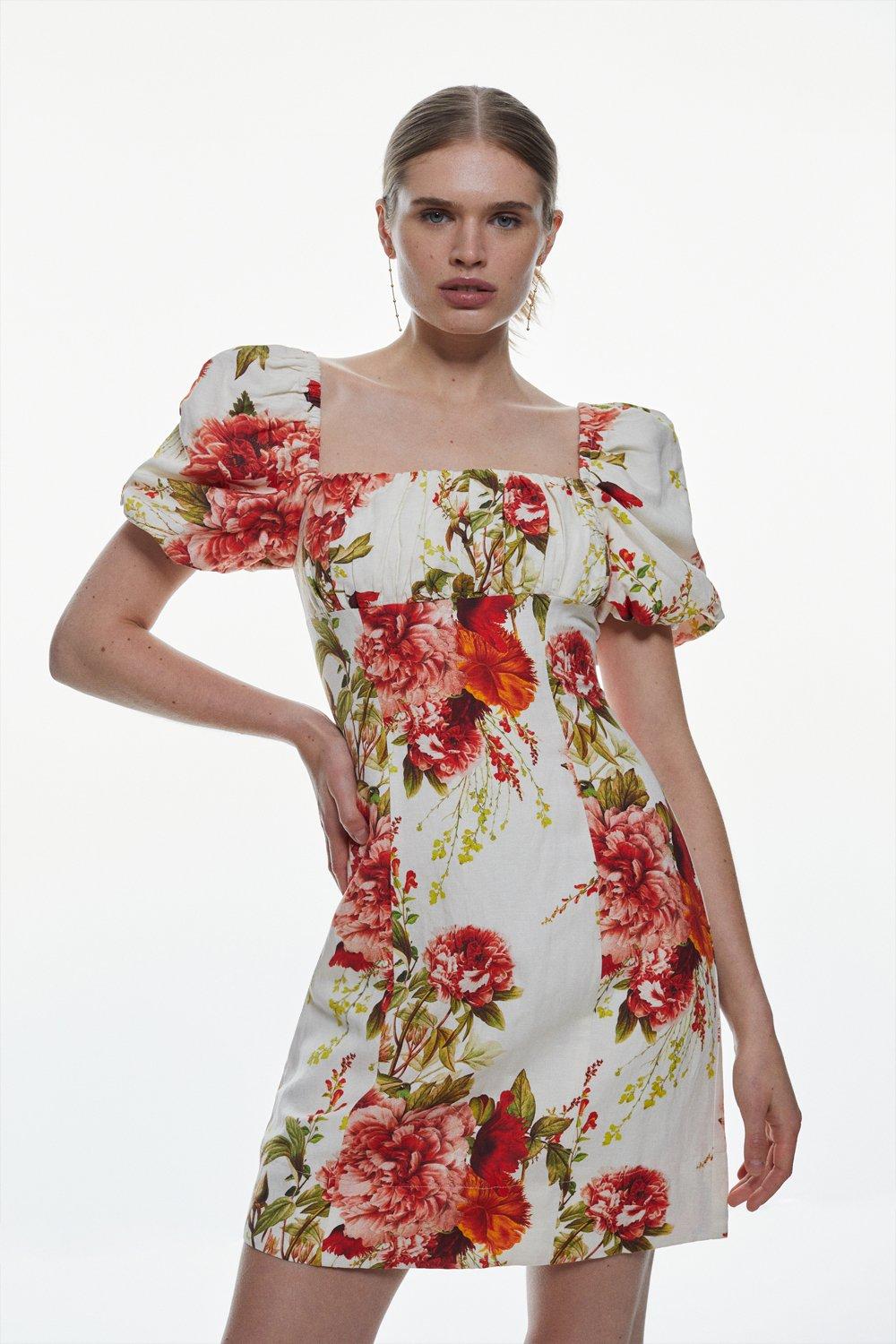 Rose Print Linen Viscose Woven Dress