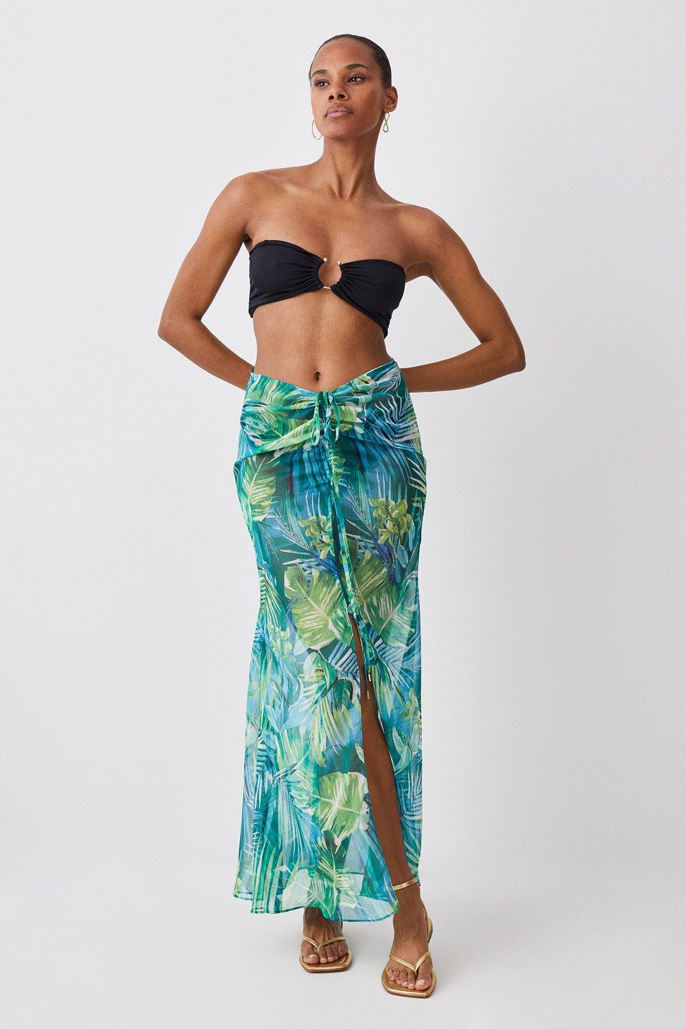 Tropical Printed Ruched Woven Beach Skirt