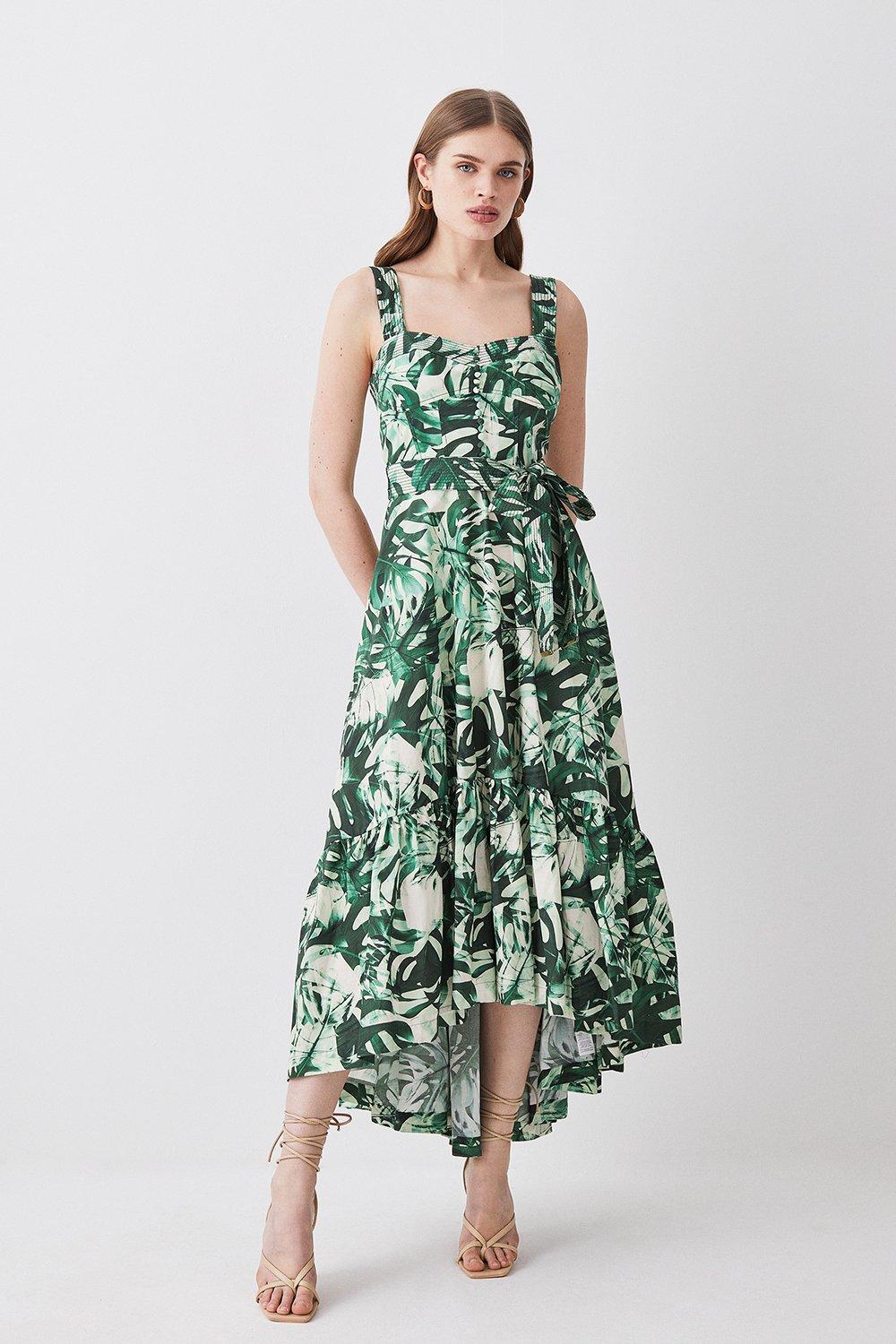 Tropical Belted Strappy Cotton Woven Maxi Dress