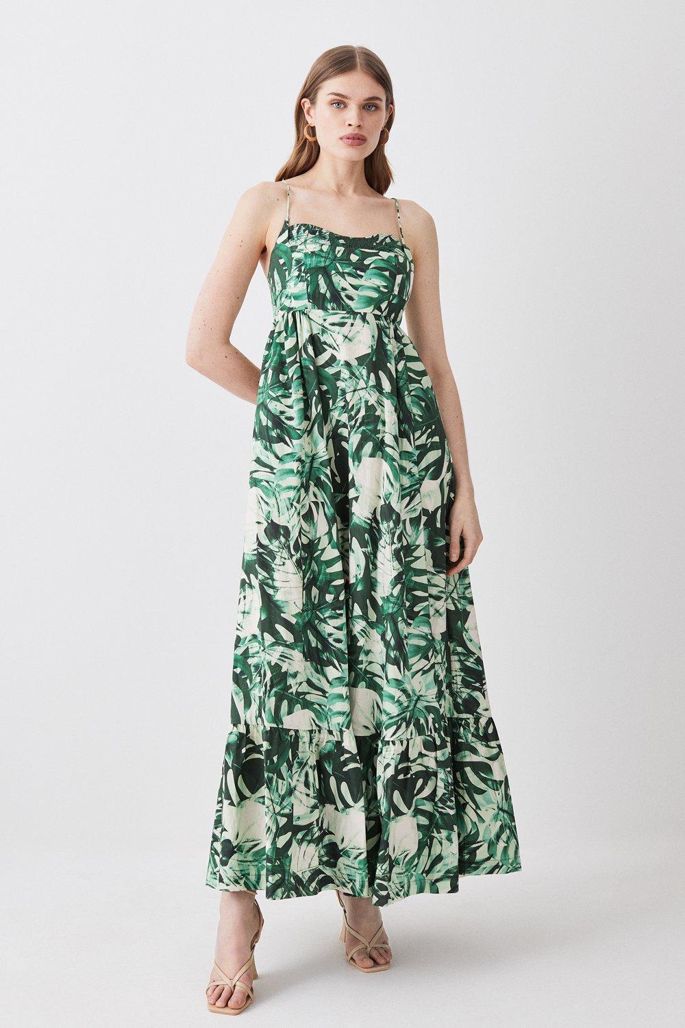 Tropical Printed Strappy Cotton Woven Maxi Dress