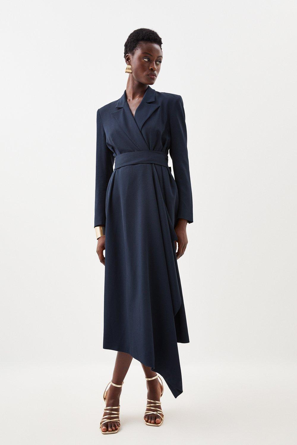 Drape Belted Long Sleeve Soft Tailored Midi Dress