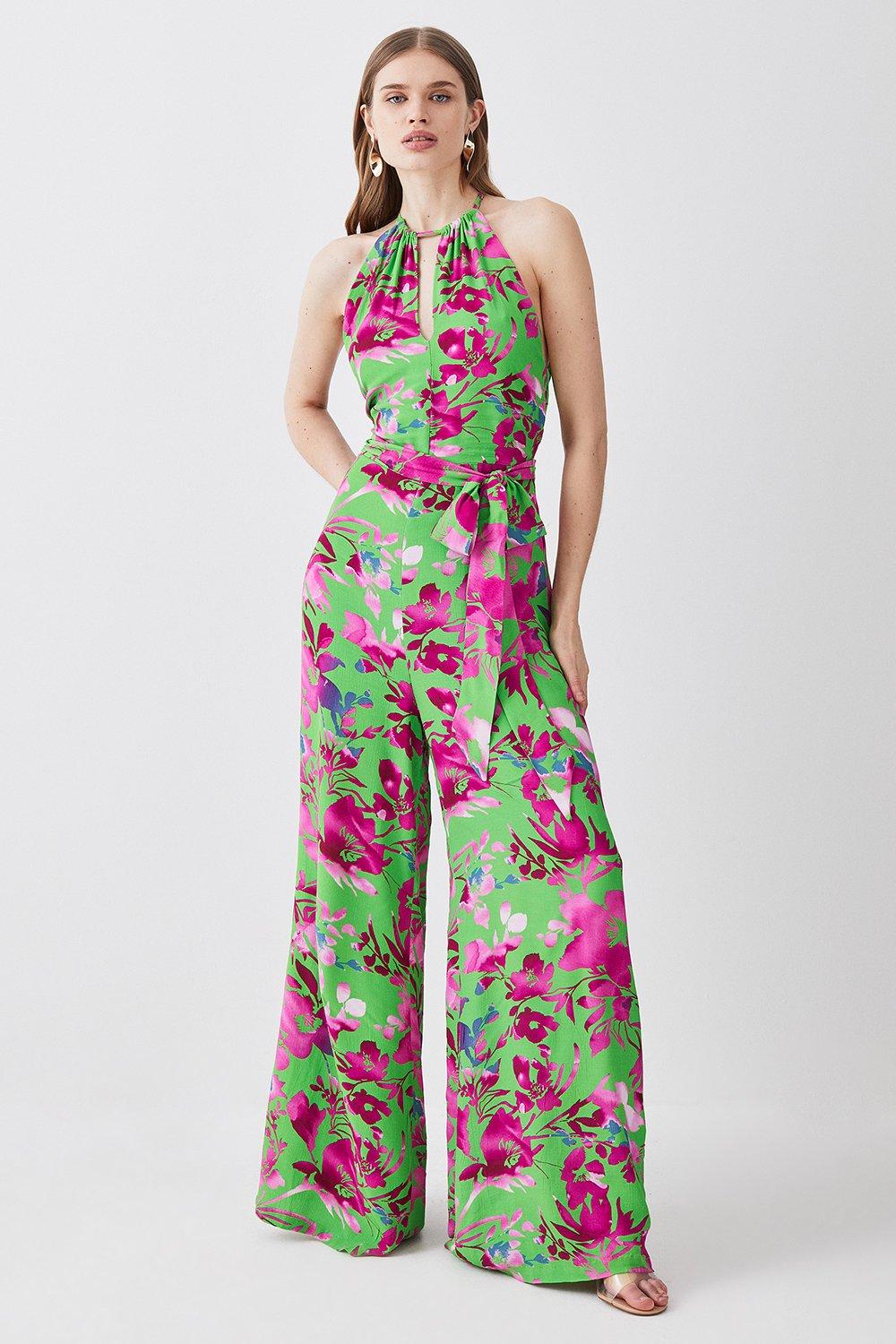 Jumpsuits | Silhouette Floral Halterneck Jumpsuit | KarenMillen