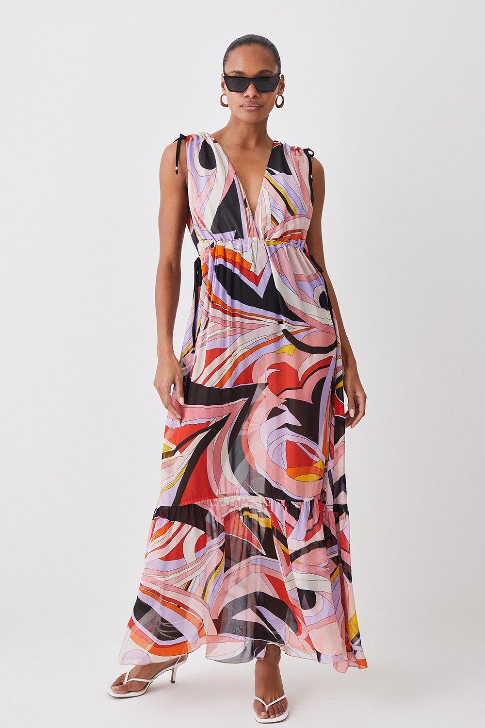 Abstract 60s Colourblock Silk Viscose Maxi Beach Dress
