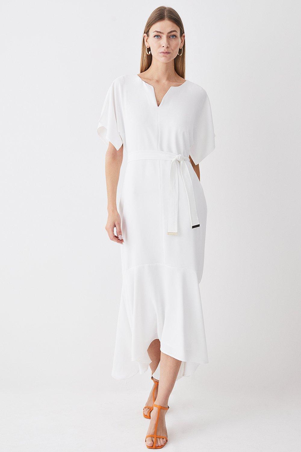 Soft Tailored Tie Belt Relaxed Sleeve Midi Dress