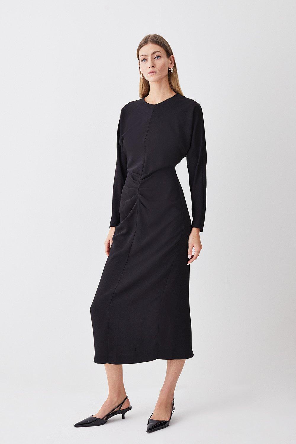 Ruched Crepe Rounded Sleeve Midi Dress