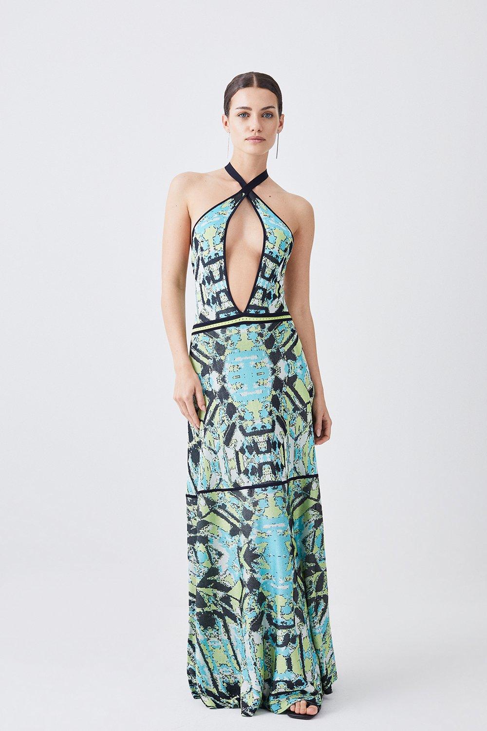 Petite Slinky Knit Jacquard Geo Maxi Column Dress