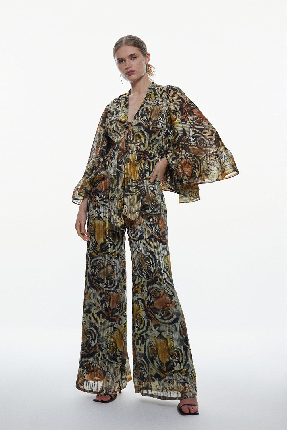 tiger printed drama kimono woven jumpsuit