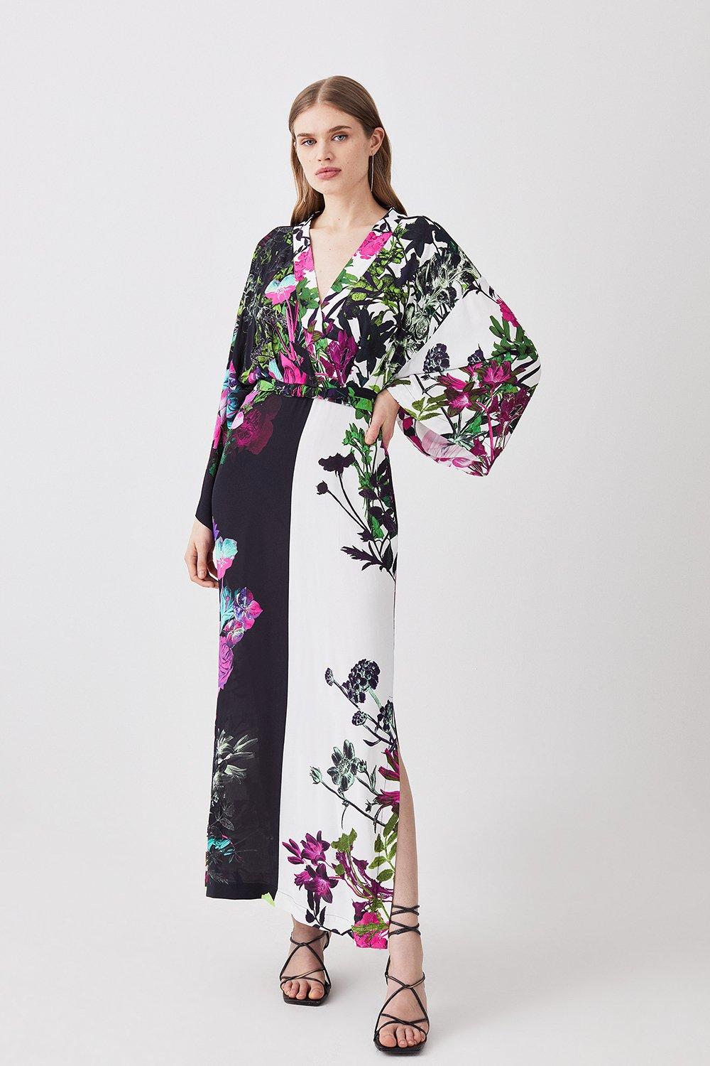 Mono Colourblock Floral Kimono Woven Midi Dress