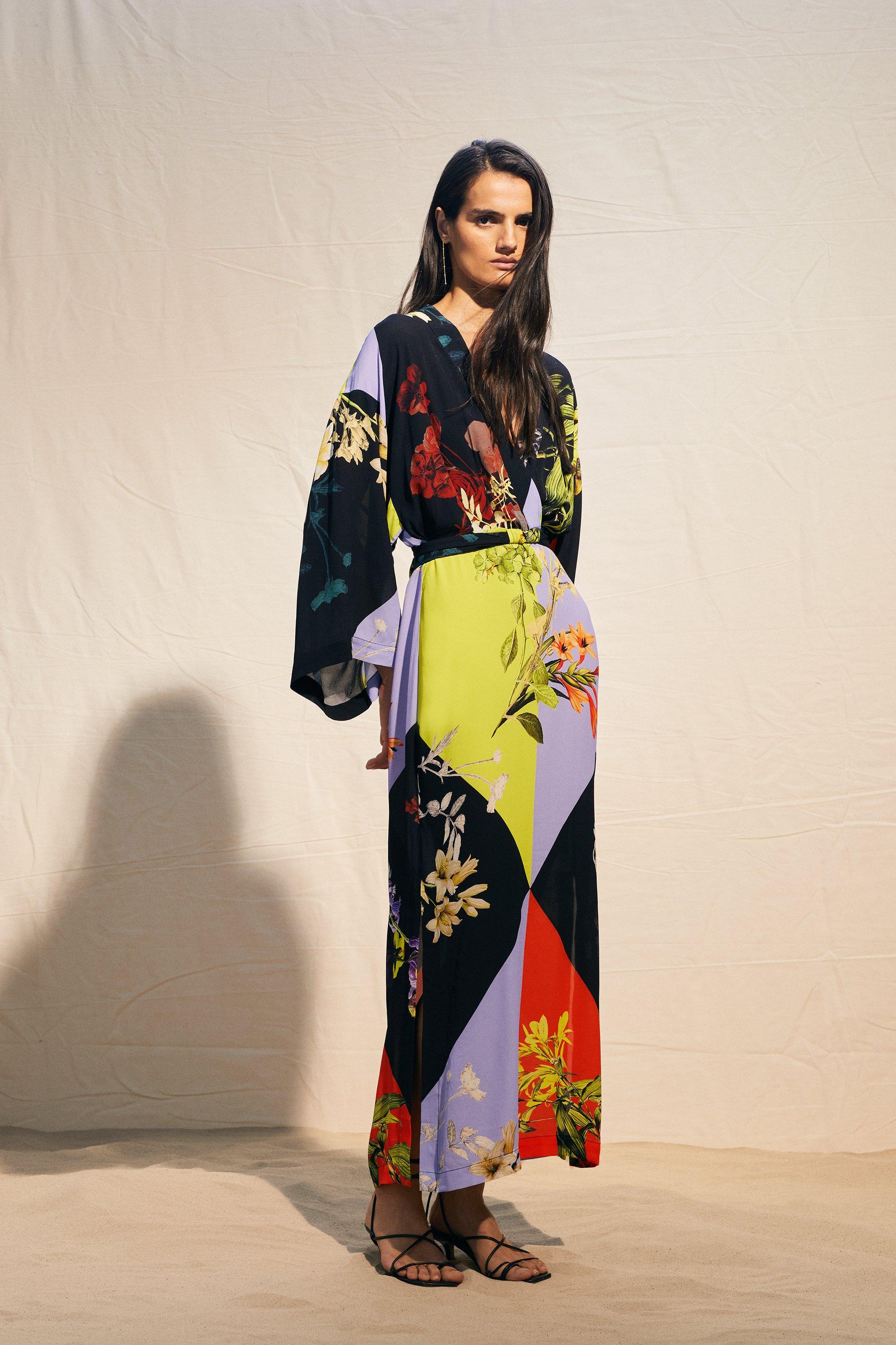 Colour Block Floral Kimono Woven Midi Dress