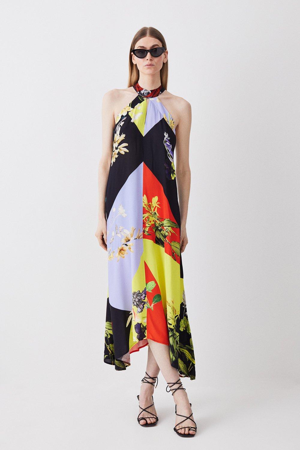 Tall Colour Block Floral Halter Neck Woven Midi Dress