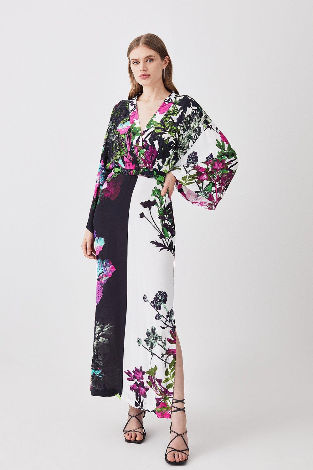 Tall Mono Colourblock Floral Kimono Woven Midi Dress