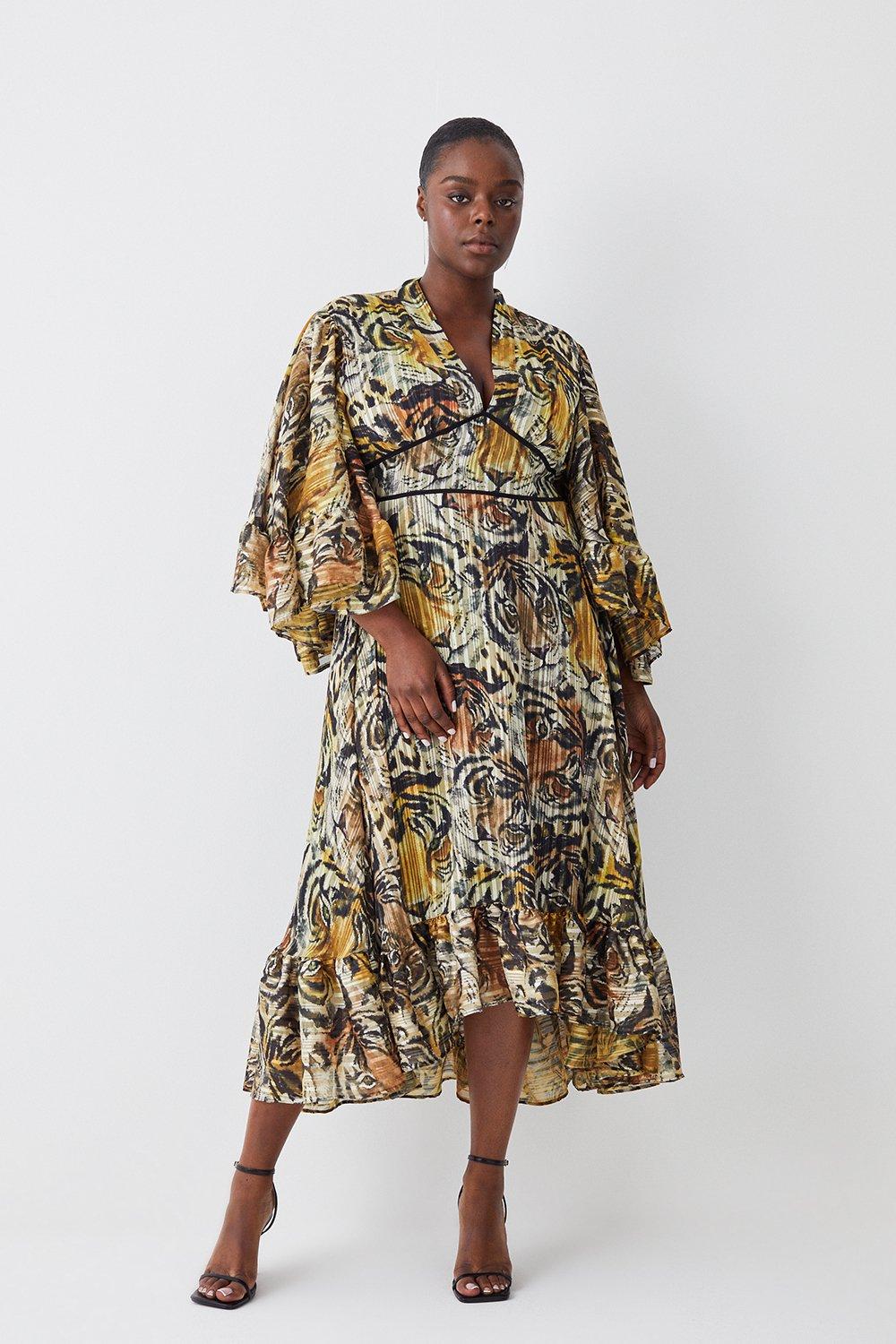 Plus Size Tiger Printed Drama Kimono Woven Maxi Dress