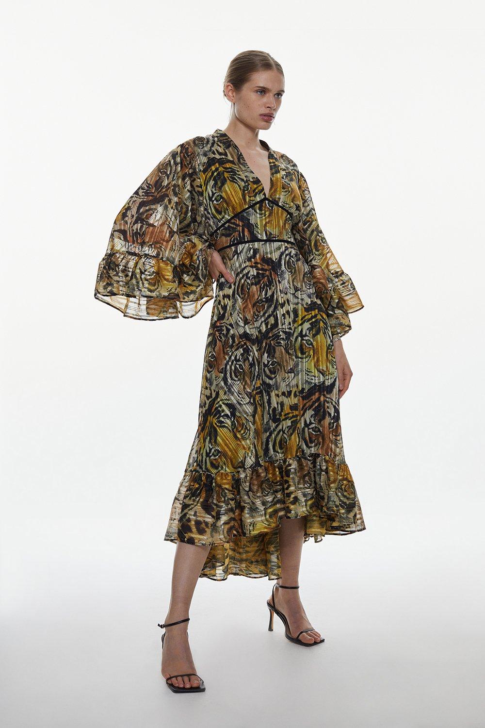 Tiger Printed Drama Kimono Woven Maxi Dress