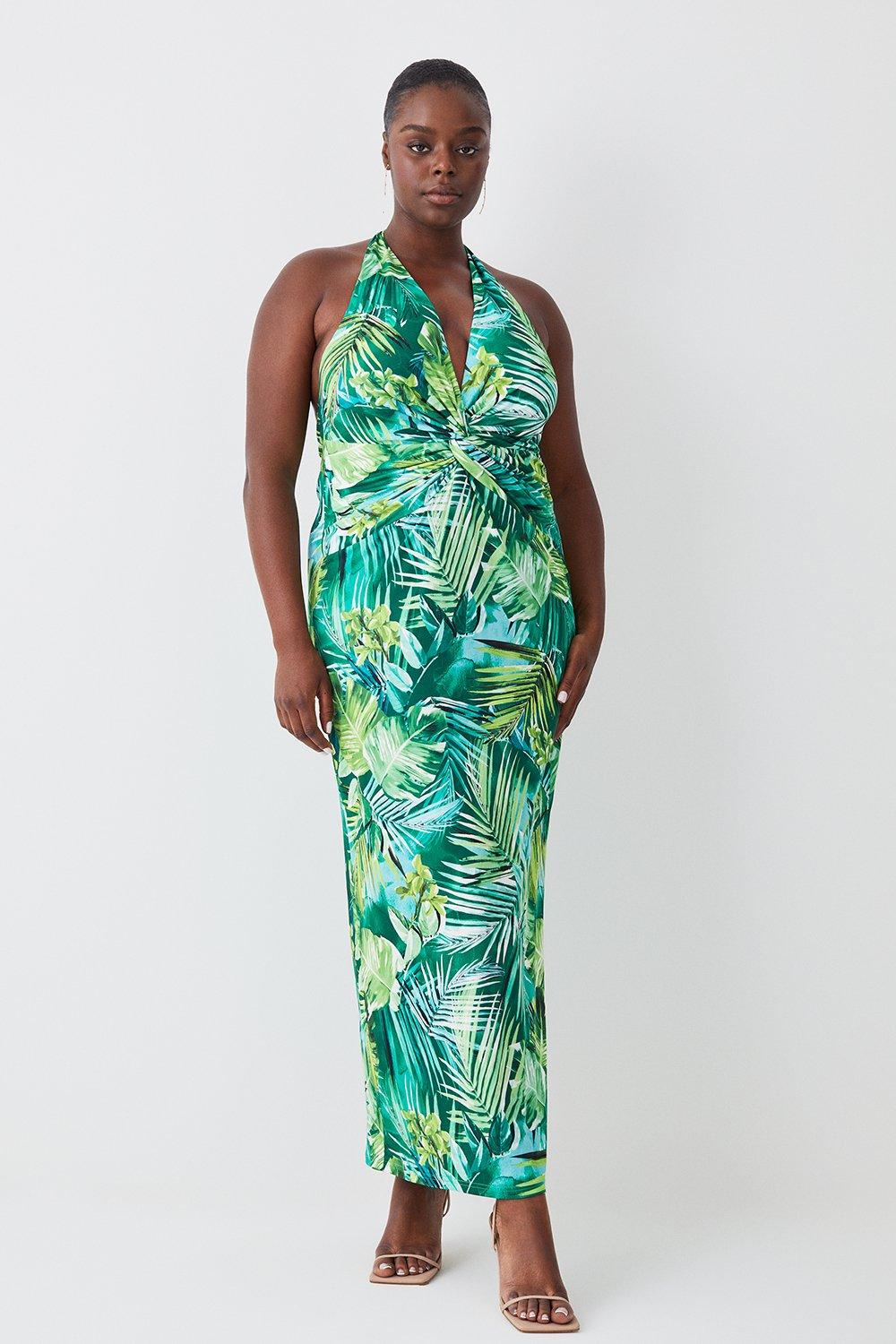 Plus Size Palm Print Halter Jersey Maxi Dress