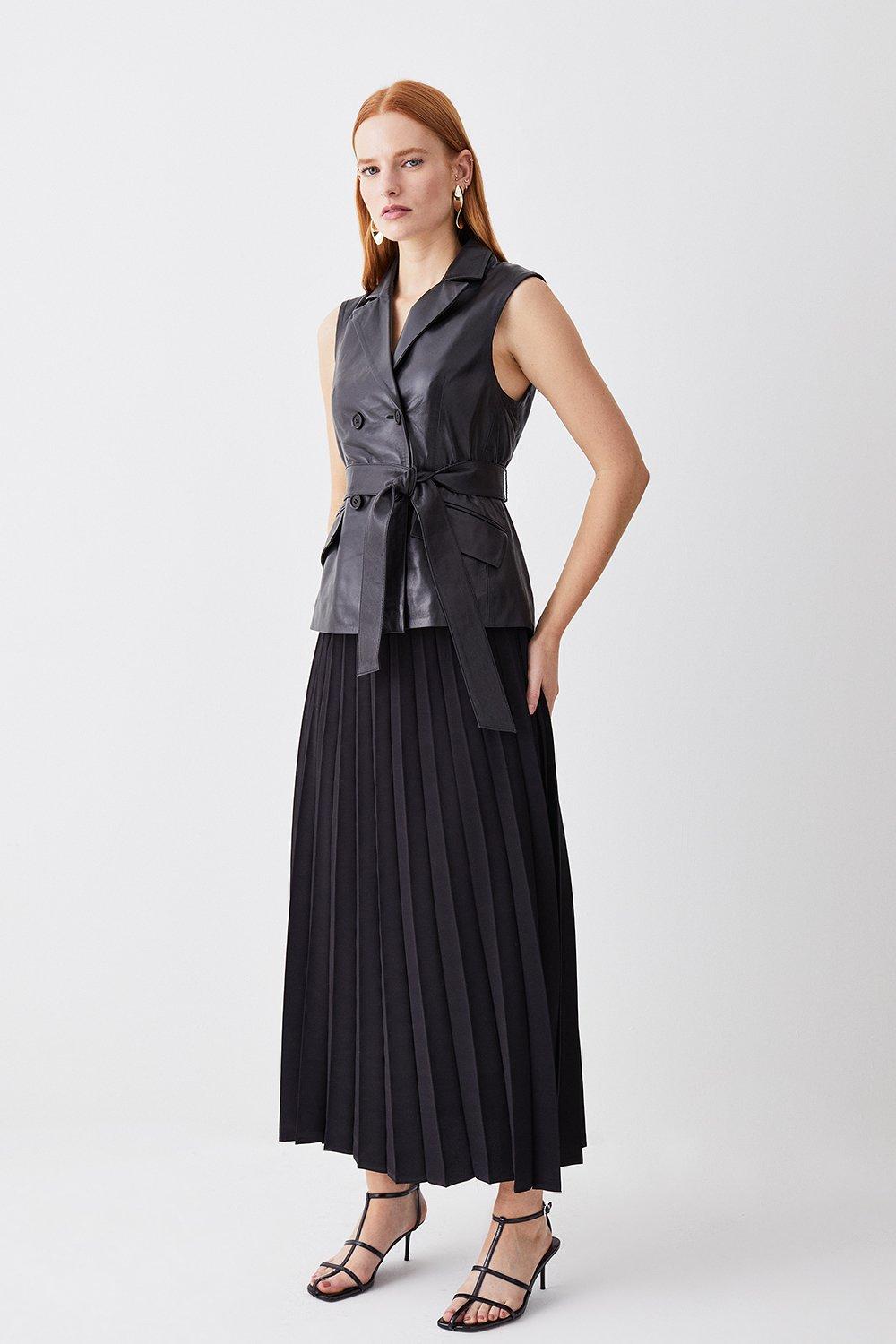Leather  Sleeveless Wrap Pleat Skirt Midi Dress