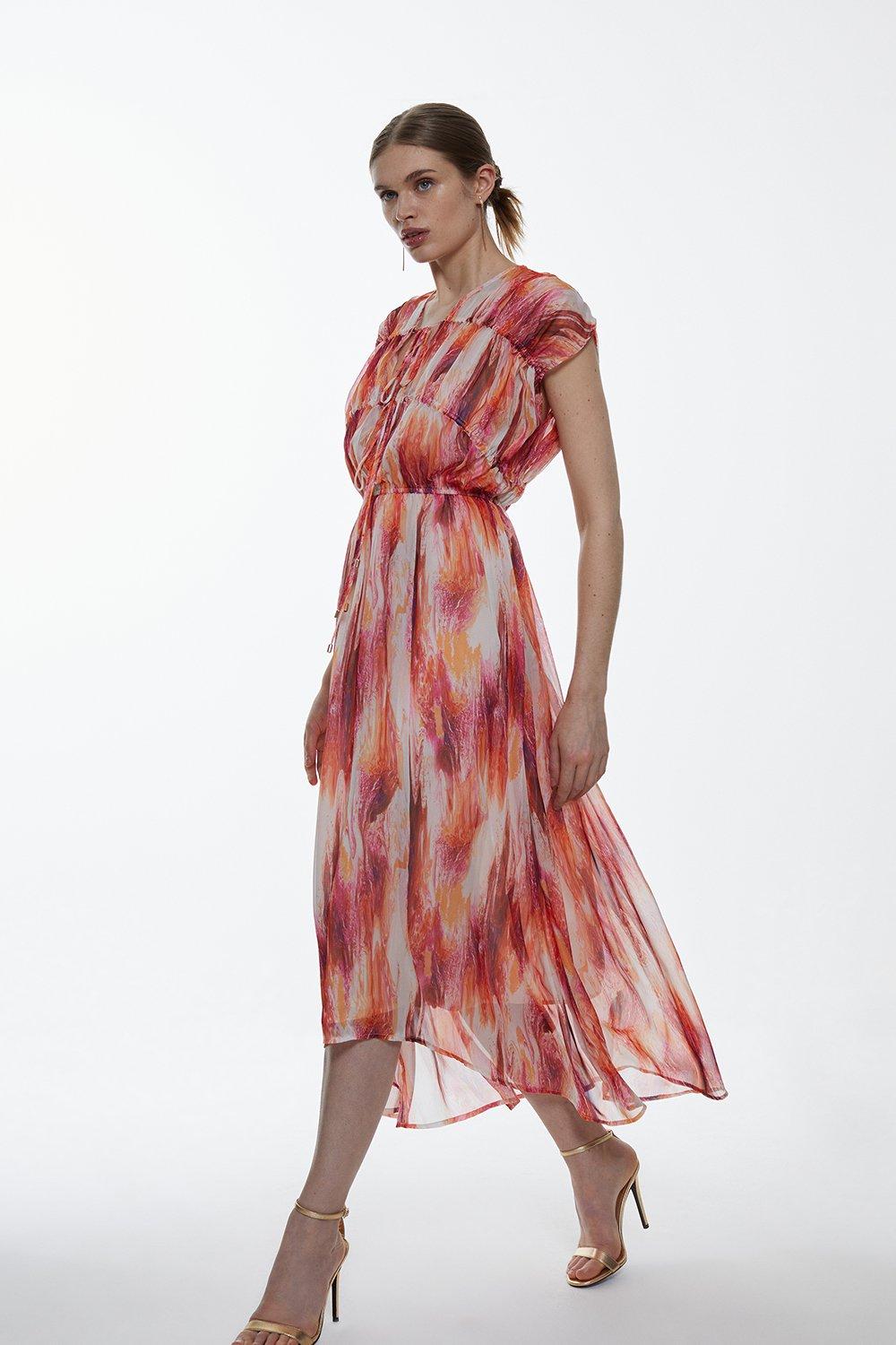 Watercolour Crinkle Shirred Woven Maxi Dress