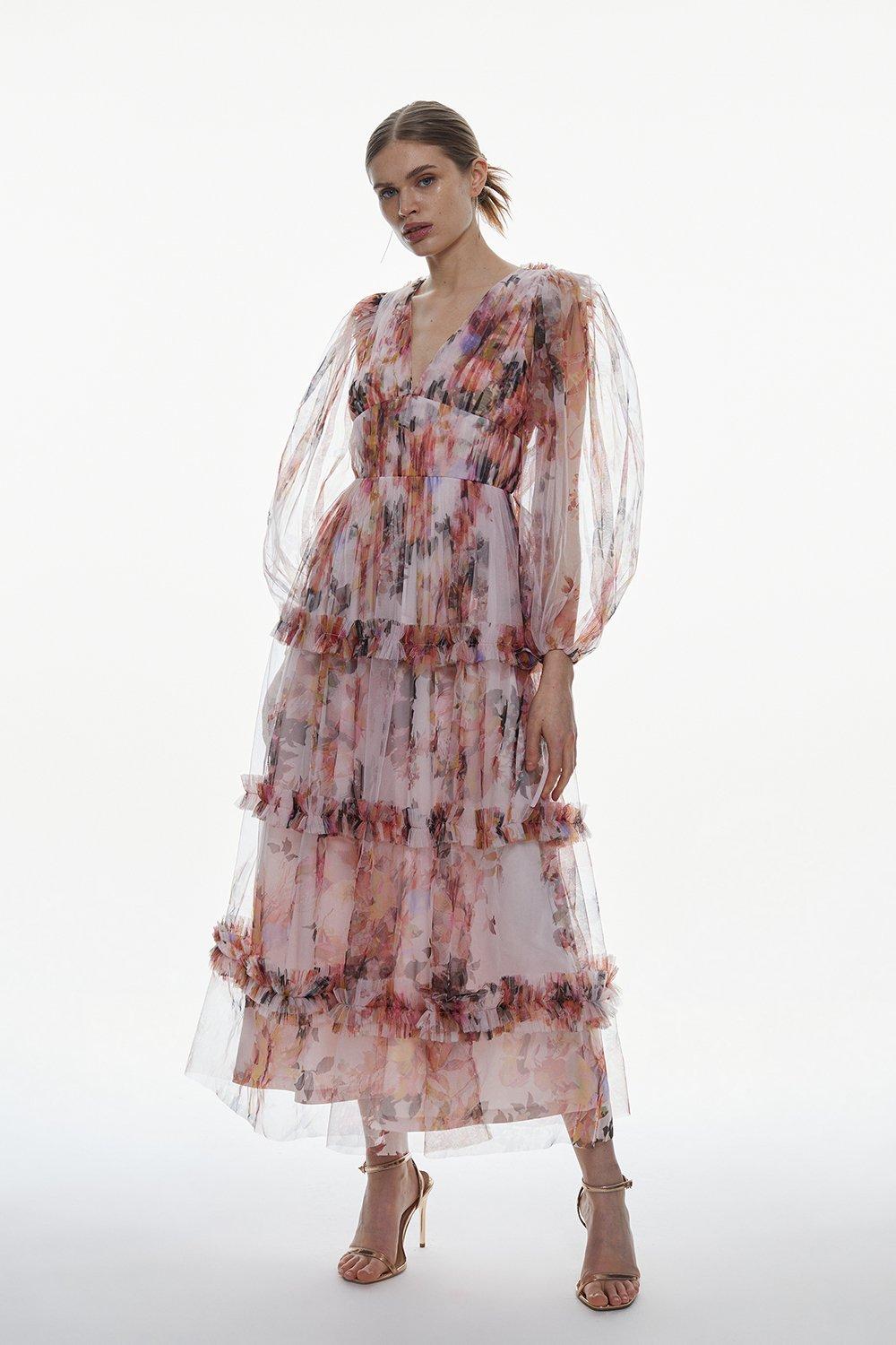 Floral Tulle Plunge Maxi Dress
