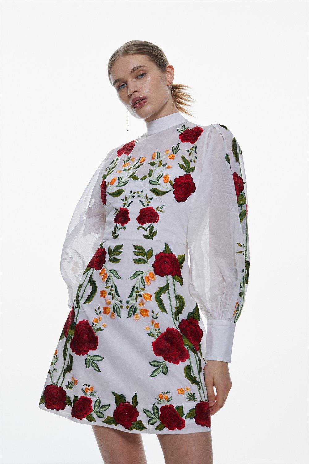 Tall Rose Embroidered Cotton Organdie Mini Dress
