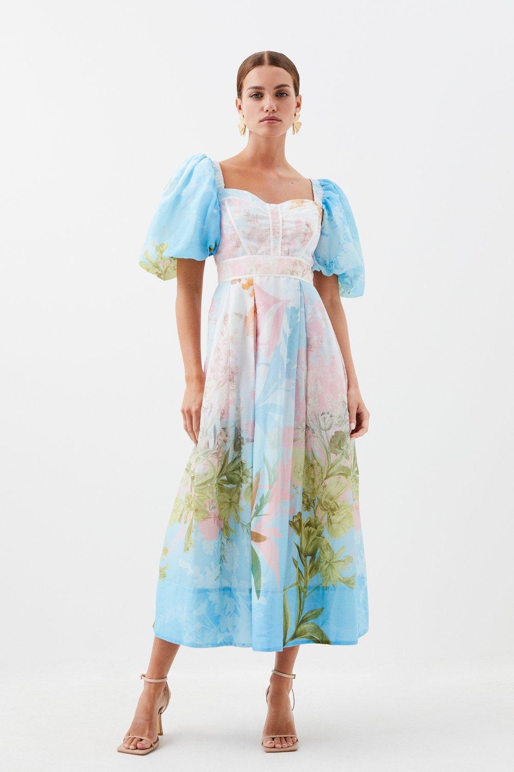 Petite Ombre Botanical Cotton Top Stitch Midi Dress