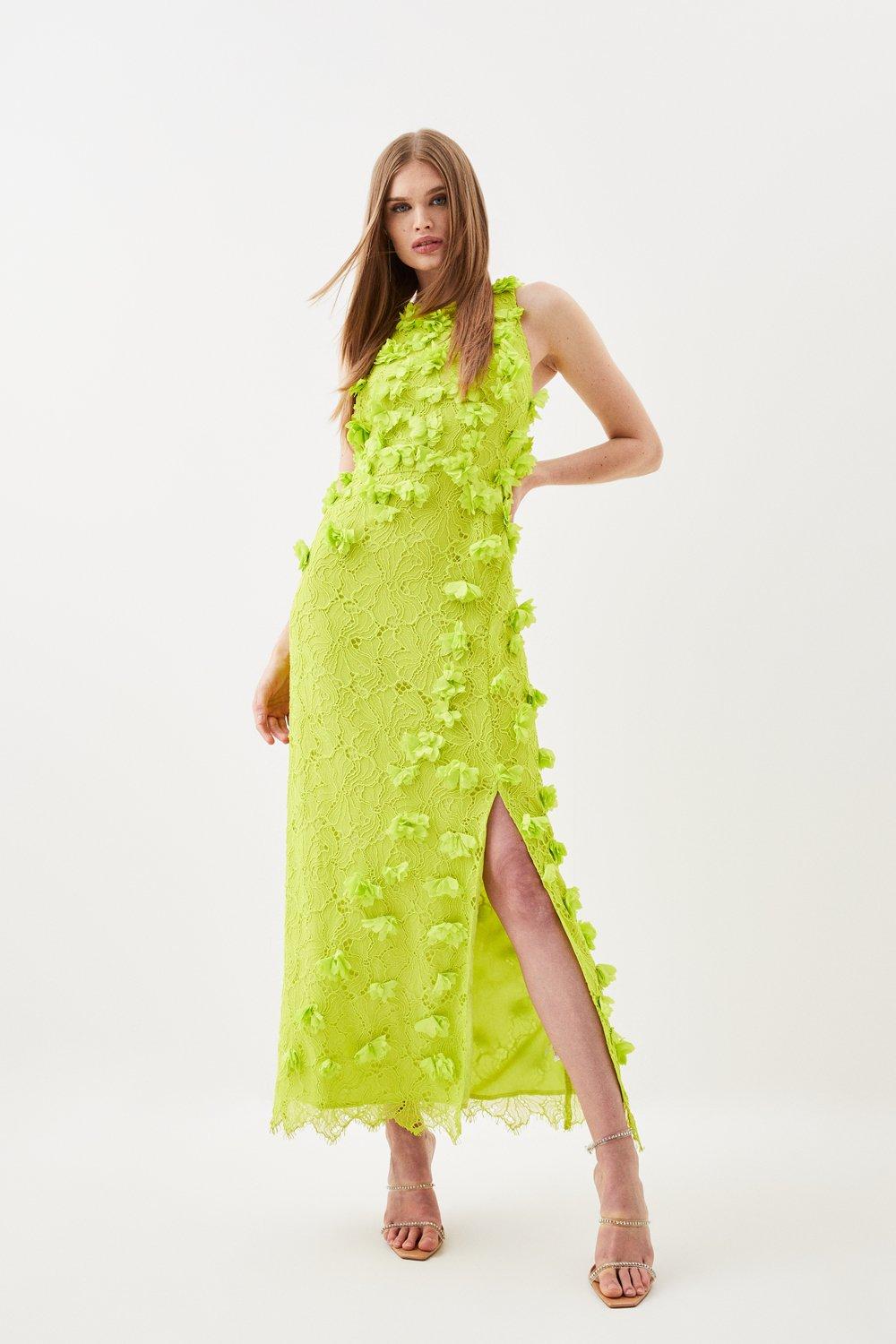 Floral Applique On Lace Woven Midi Dress