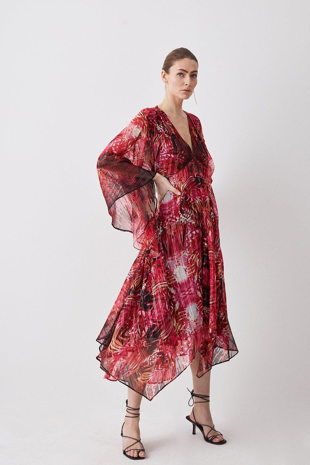 Mirrored Placed Floral Leather Trim Kimono Woven Midi Dress