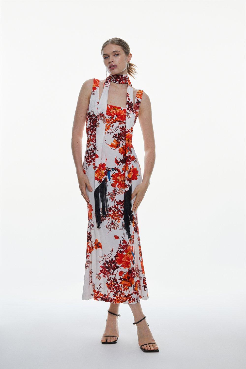 Floral Maxi Woven Dress With Scarf