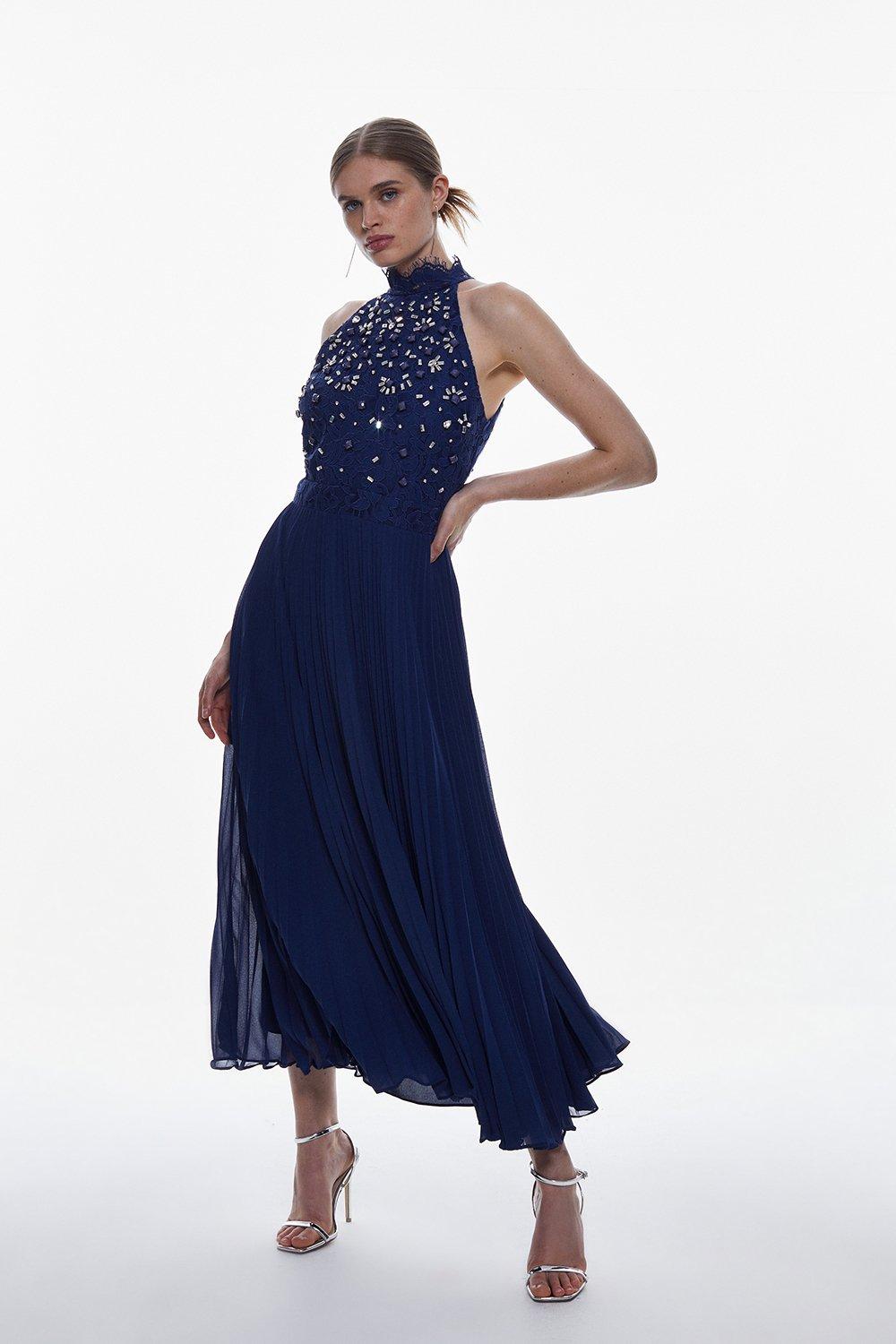 Tall Lace Embellished Halter Pleated Woven Midi Dress