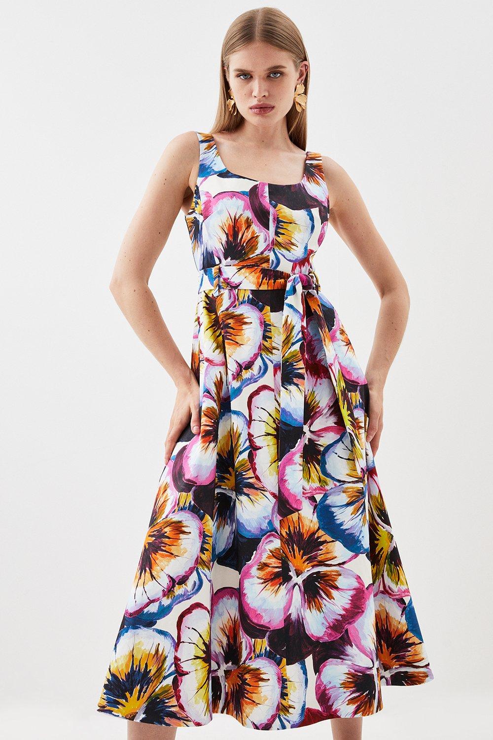 Pansy Floral Printed Full Skirt Belted Midi Dress