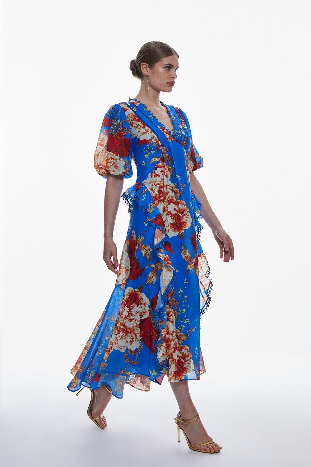Graphic Lace Trim Floral Woven Plunge Maxi Dress