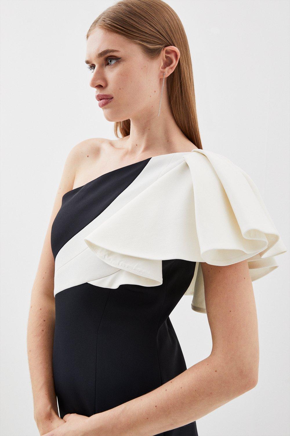 Italian Structured Satin Drama Ruffle Dress | Karen Millen