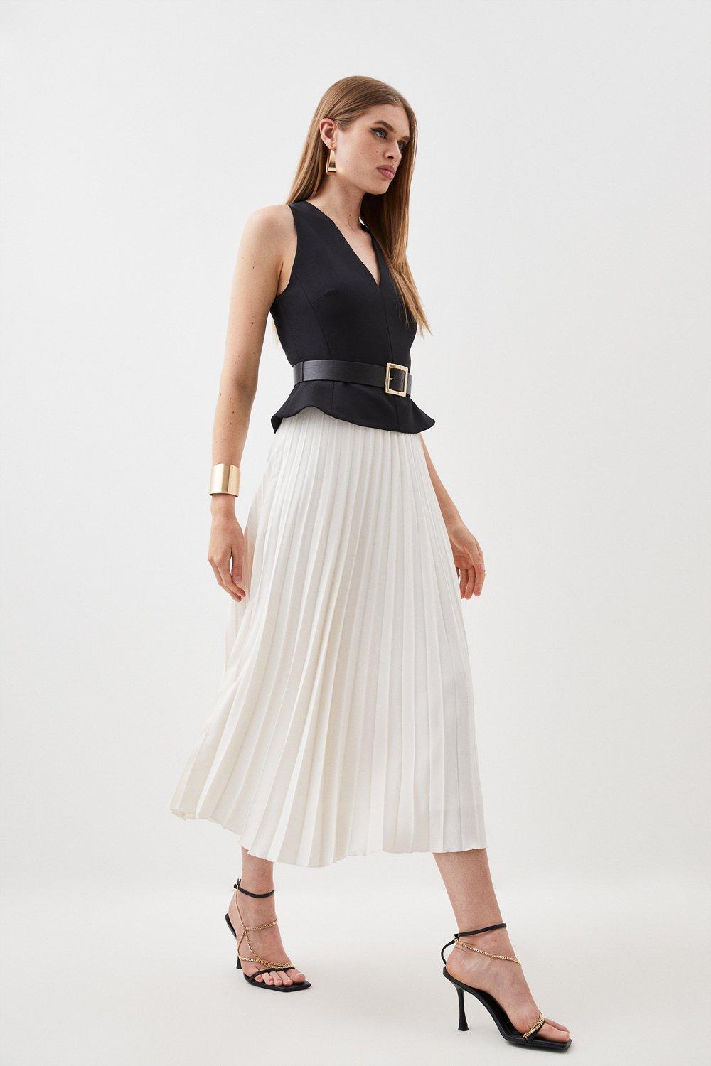 Tailored Compact Stretch Belted Bodice Pleated Midi Dress