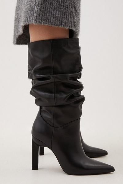 Leather Mid Calf Slouch Heeled Boot