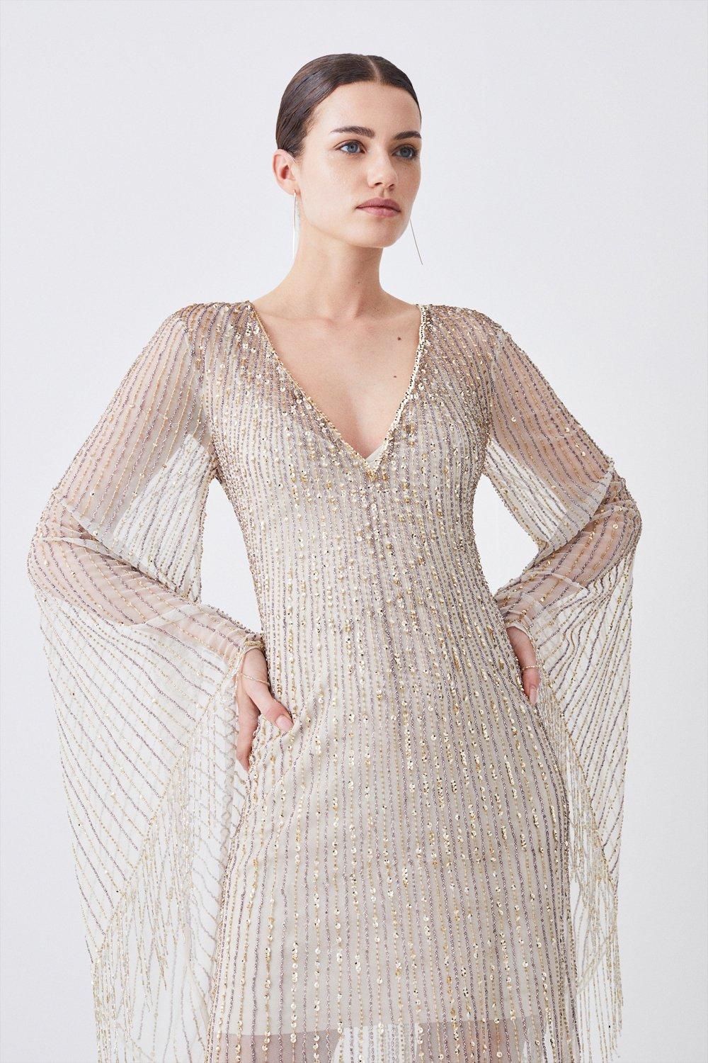 Dresses | Sheer Crystal Embellished Kimono Sleeve Fringe Maxi | KarenMillen