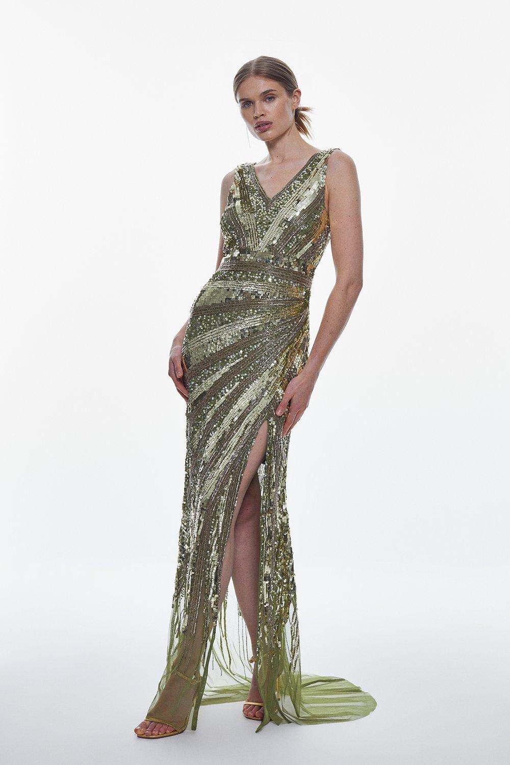 Deco Crystal Embellished Plunge Maxi Dress