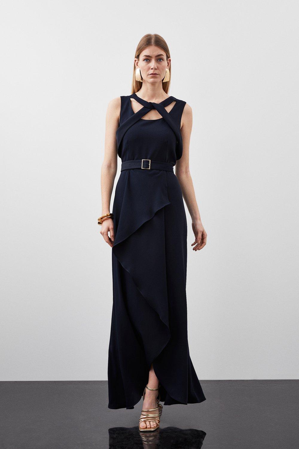 Tall Soft Tailored Tie Neck Detail Waterfall Maxi Length