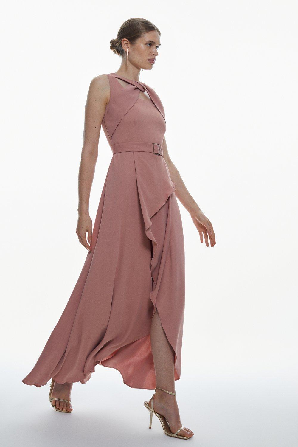 Soft Tailored Tie Neck Detail Waterfall Maxi Length