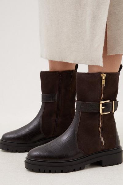 Leather Croc Chunky Buckle Midcalf Boot