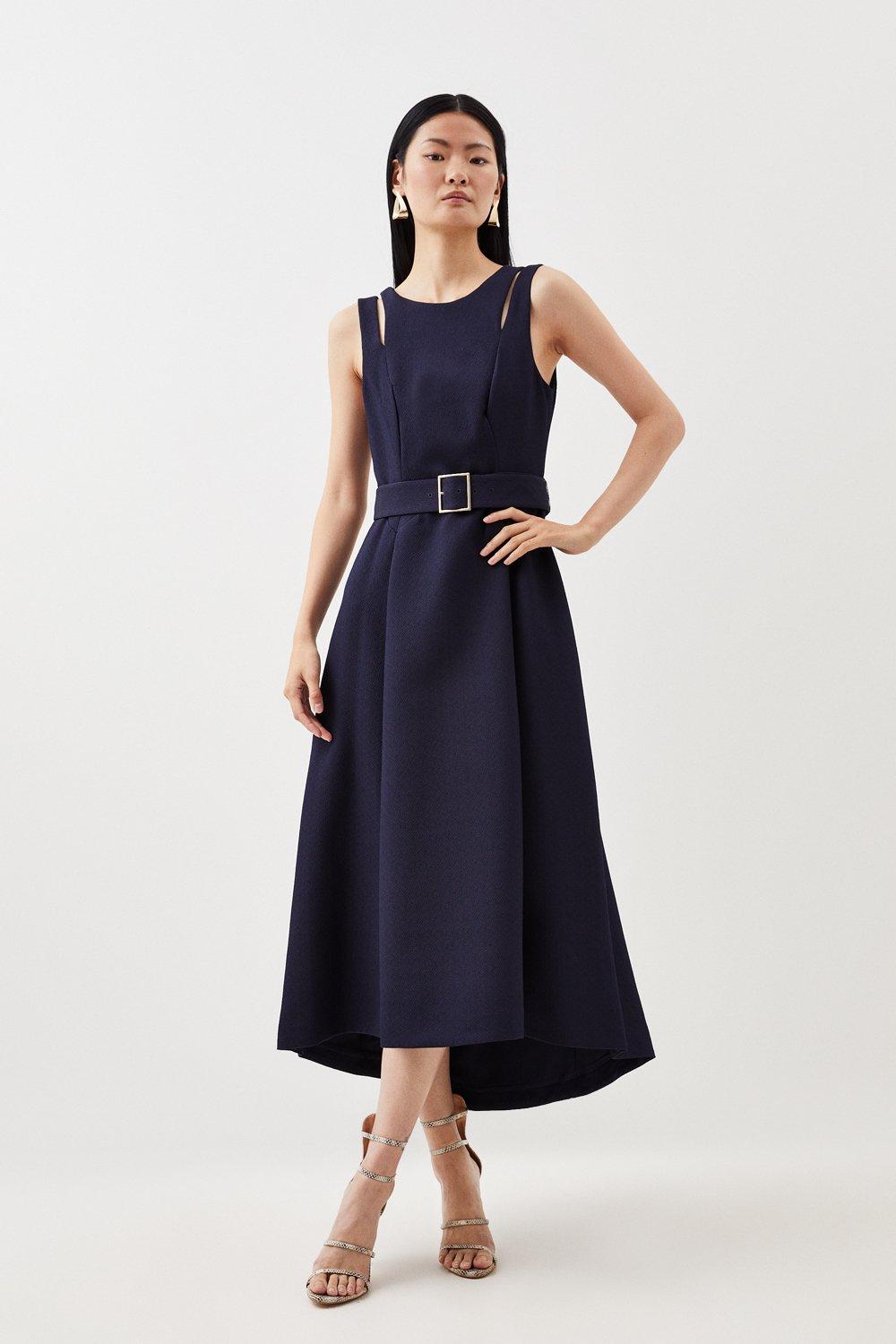 Textured Crepe Tailored Seam Detail Belted Midaxi Dress