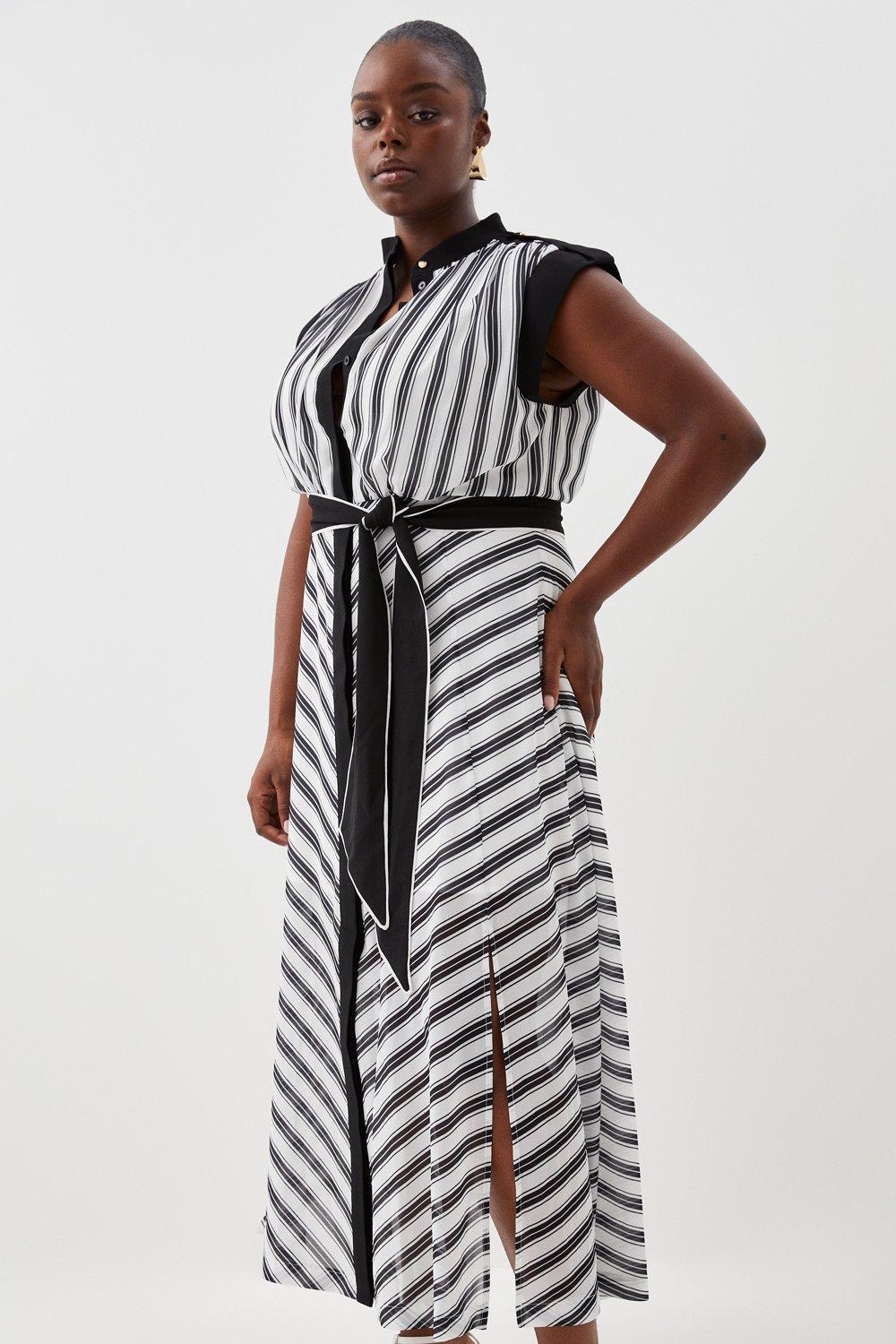Plus Size Military Striped Belted Woven Midi Dress