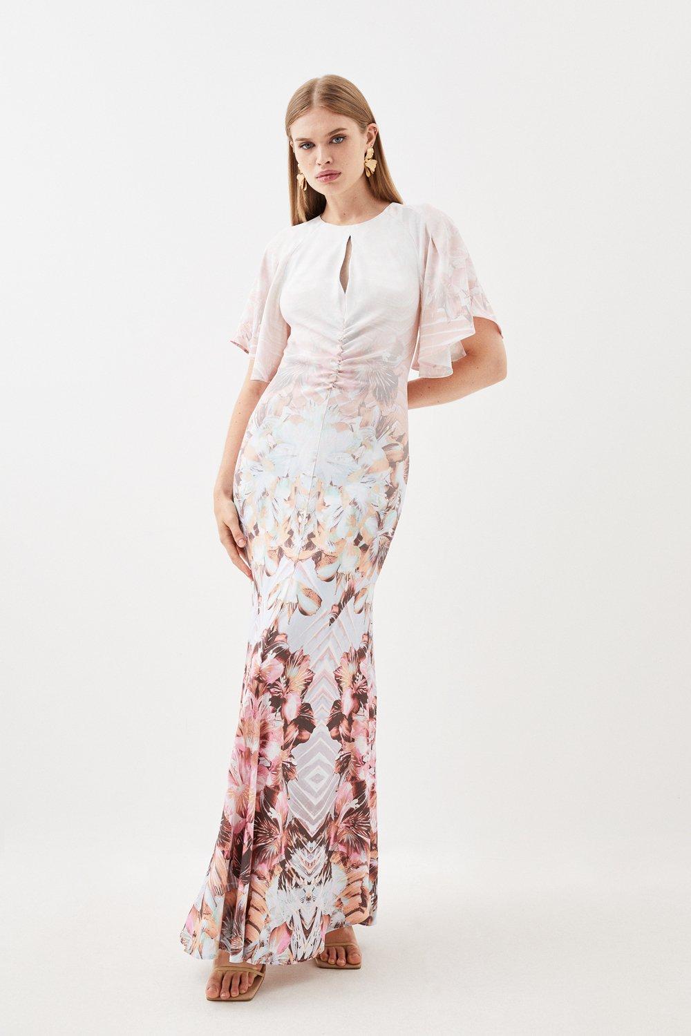 Placed Floral Ruched Angel Sleeved Woven Maxi Dress