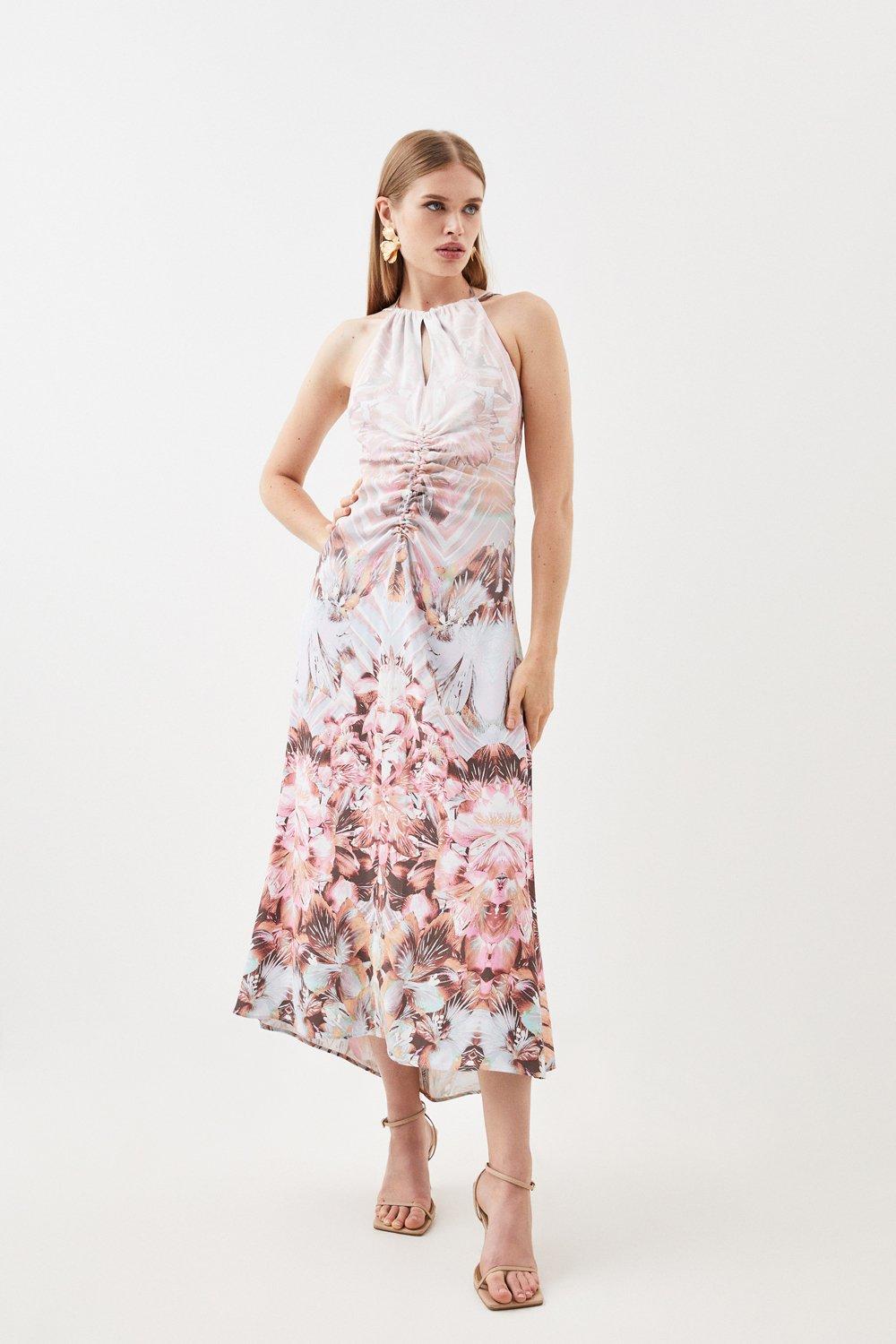 Placed Floral Ruched Waterfall Woven Maxi Dress