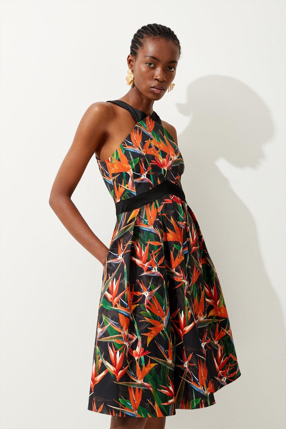 Tropical Lily Print Cotton Sateen Halter Midi Dress
