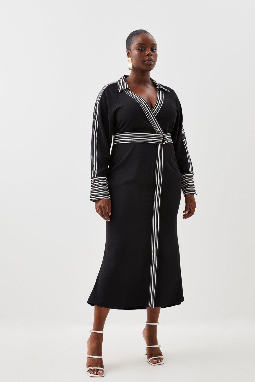 Plus Size Stripe Twill Batwing Belted Midi Dress