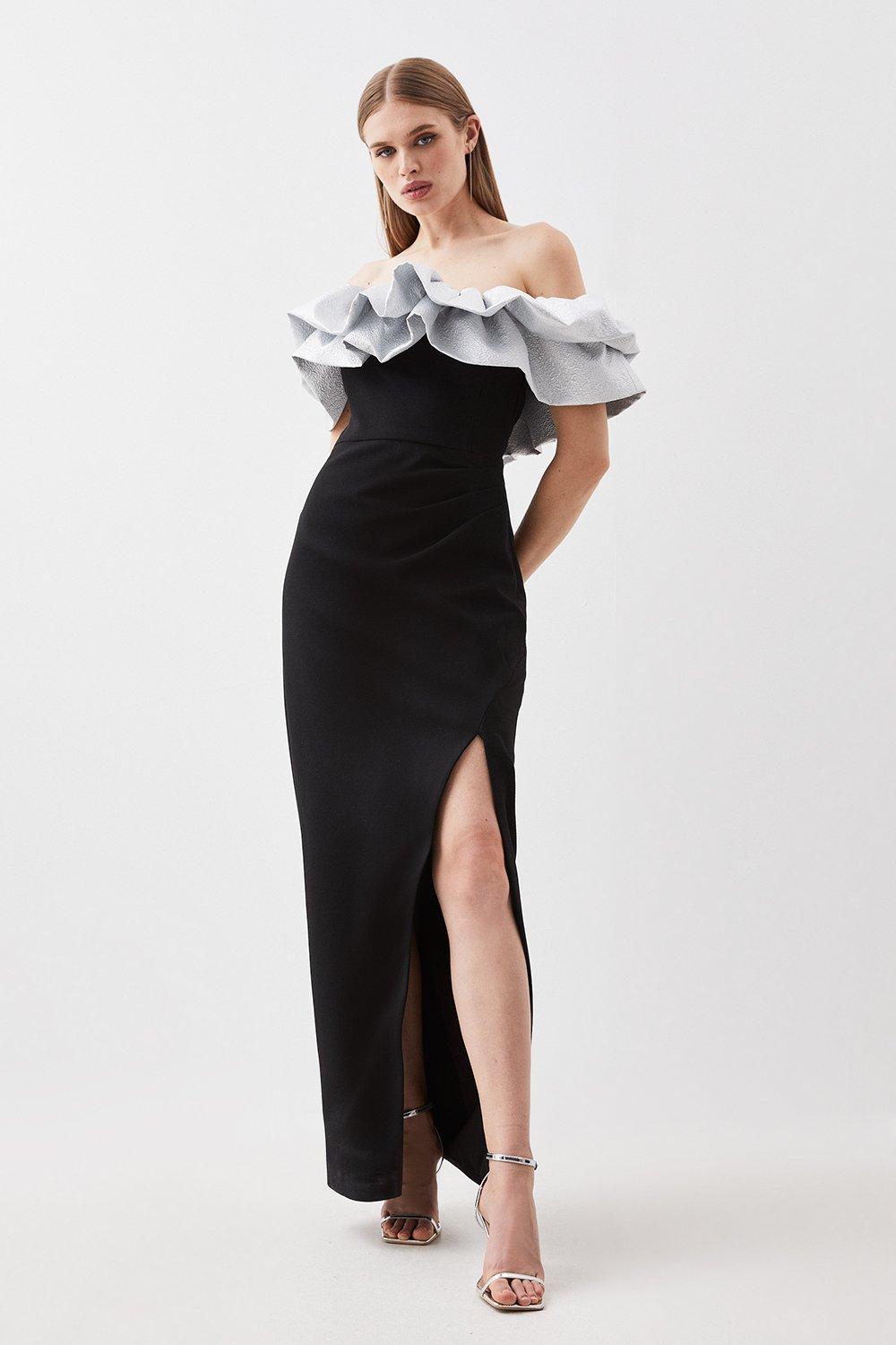 Structured Crepe Jacquard Ruffle Bardot Maxi Dress