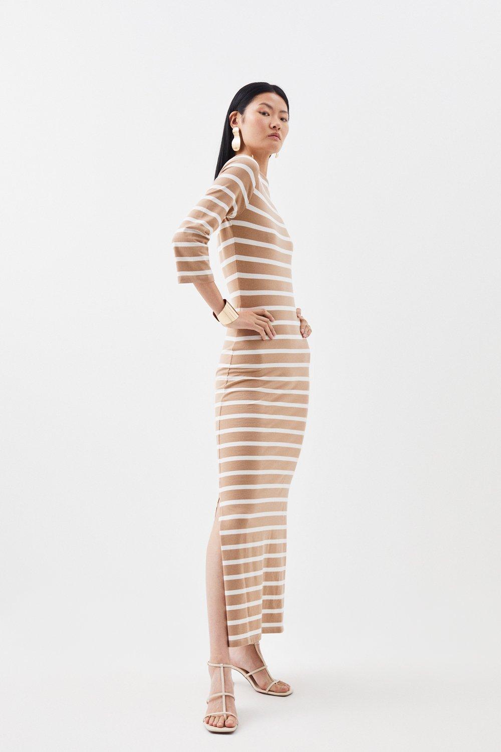Stripe 3/4 Sleeve Cotton Jersey Midi Dress