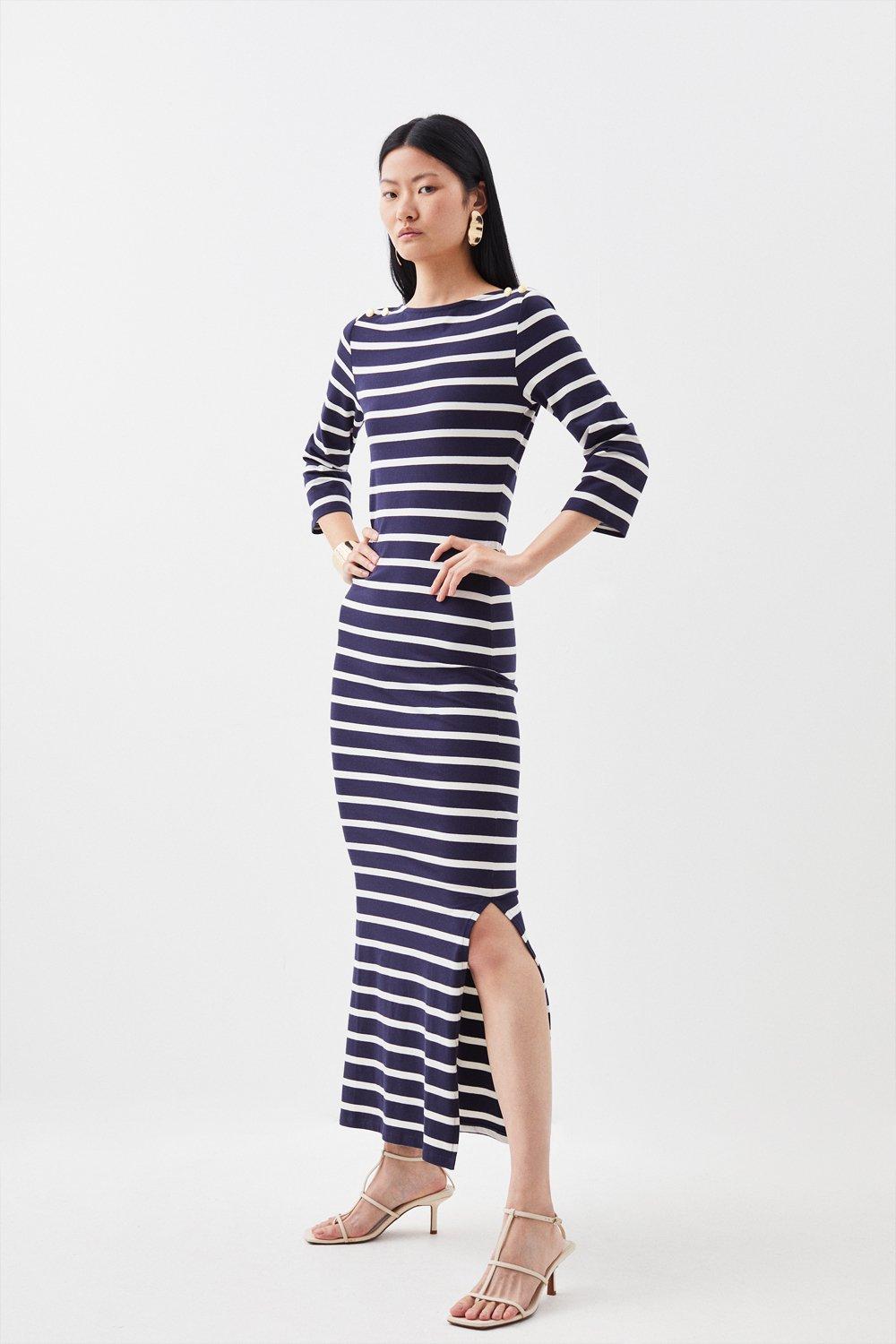 Stripe 3/4 Sleeve Cotton Jersey Midi Dress