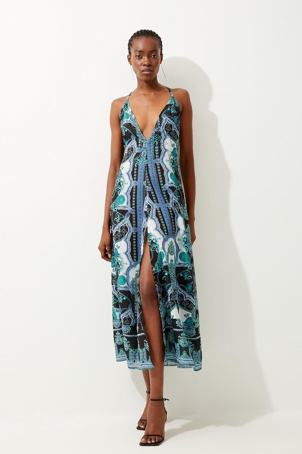 Embellished Mirrored Print Strappy Maxi Beach Dress